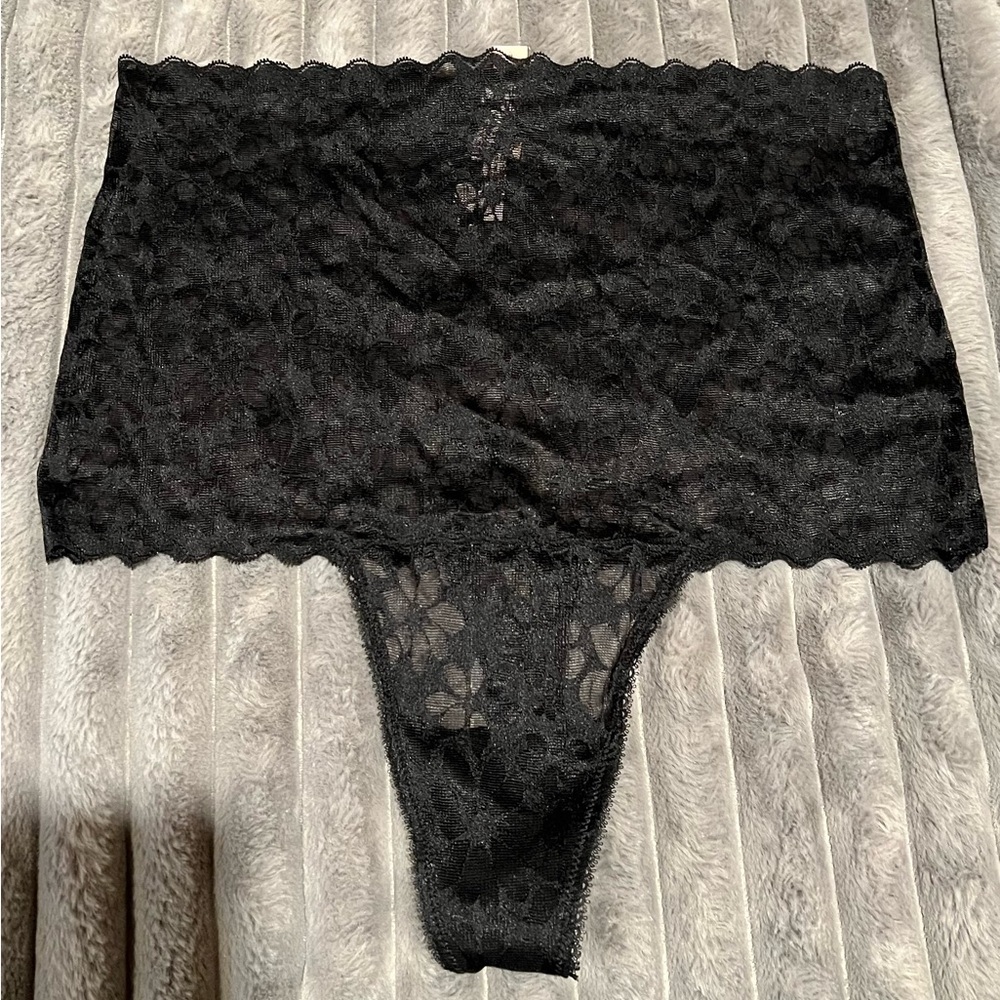 VICTORIA’S SECRET HIGH WAIST LACE THONG BLACK PANTY STRETCH LARGE NEW WITH TAGS